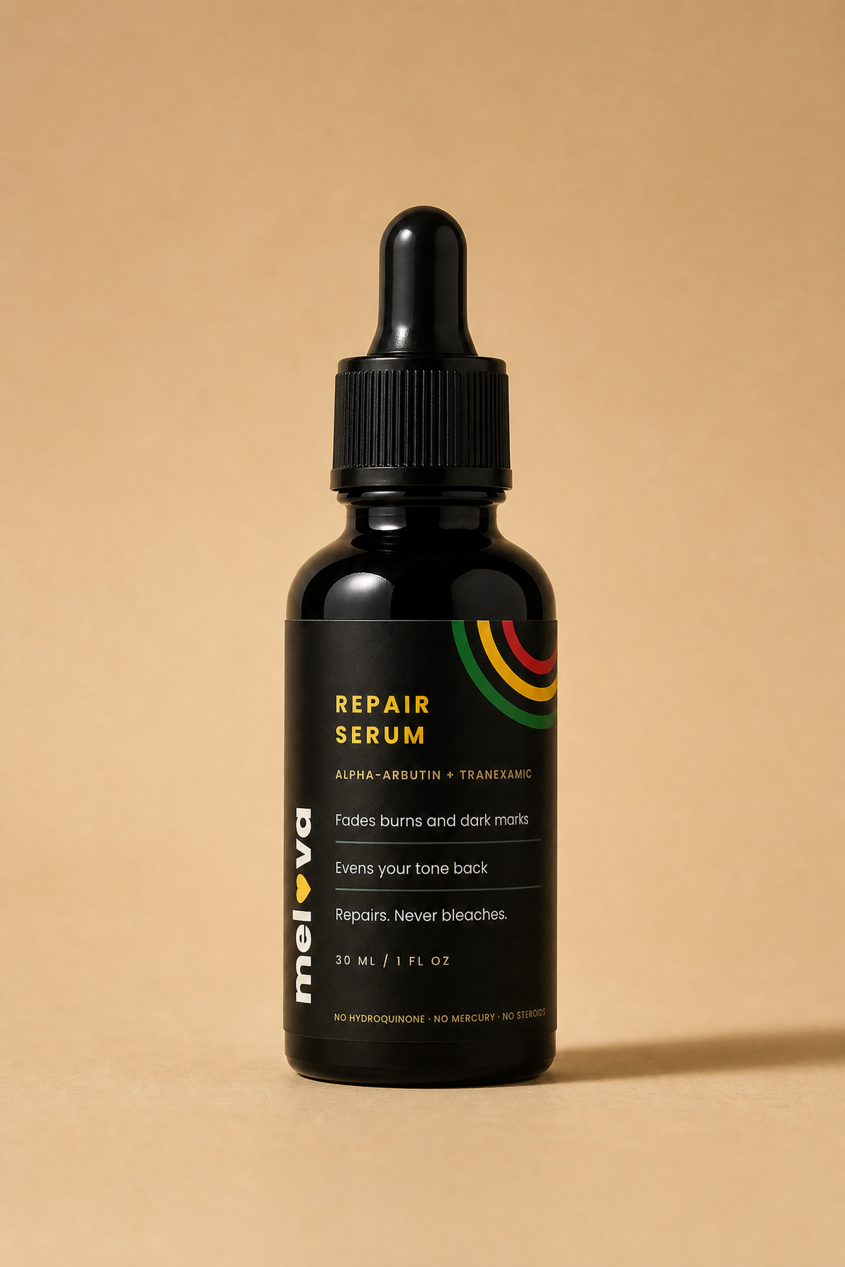 Melova Repair Serum bottle on warm sand background
