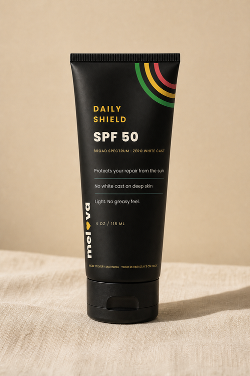 Melova Daily Shield SPF 50 tube on warm sand background